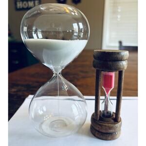 Clear 6” Hourglass and Vintage Wood/Pink Sand Hourglass - Sold as lot